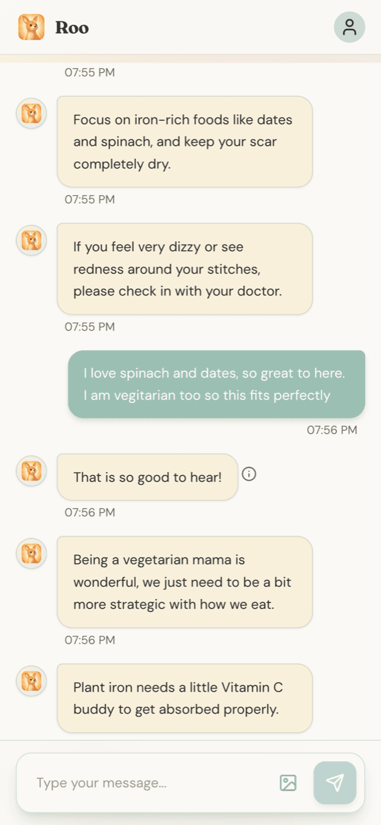 Roo AI app chat interface showing doctor-verified answers